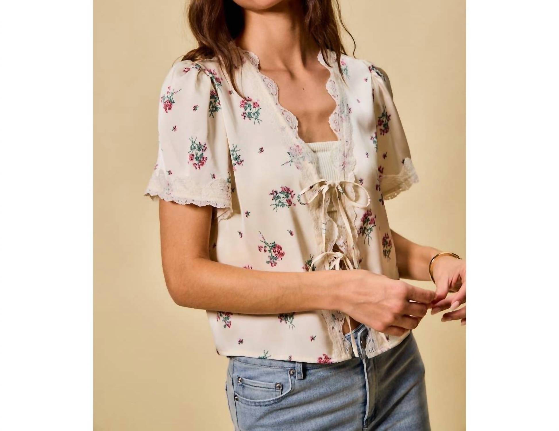 So Me - Rose Satin Tie Front Floral Blouse