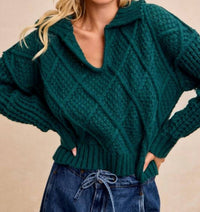 BiBi Diamond Patterned Collared Sweater Top in hunter - women's sweater - view 4