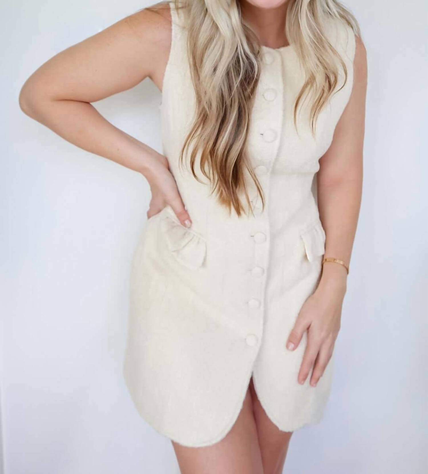 Mable - Kimberly Tweed Sleeveless Ruffle Pocket Mini Dress