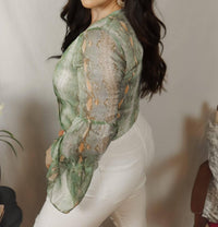 Style Rack Python Tiered Sleeve Top in teal - women's blouse - detail view