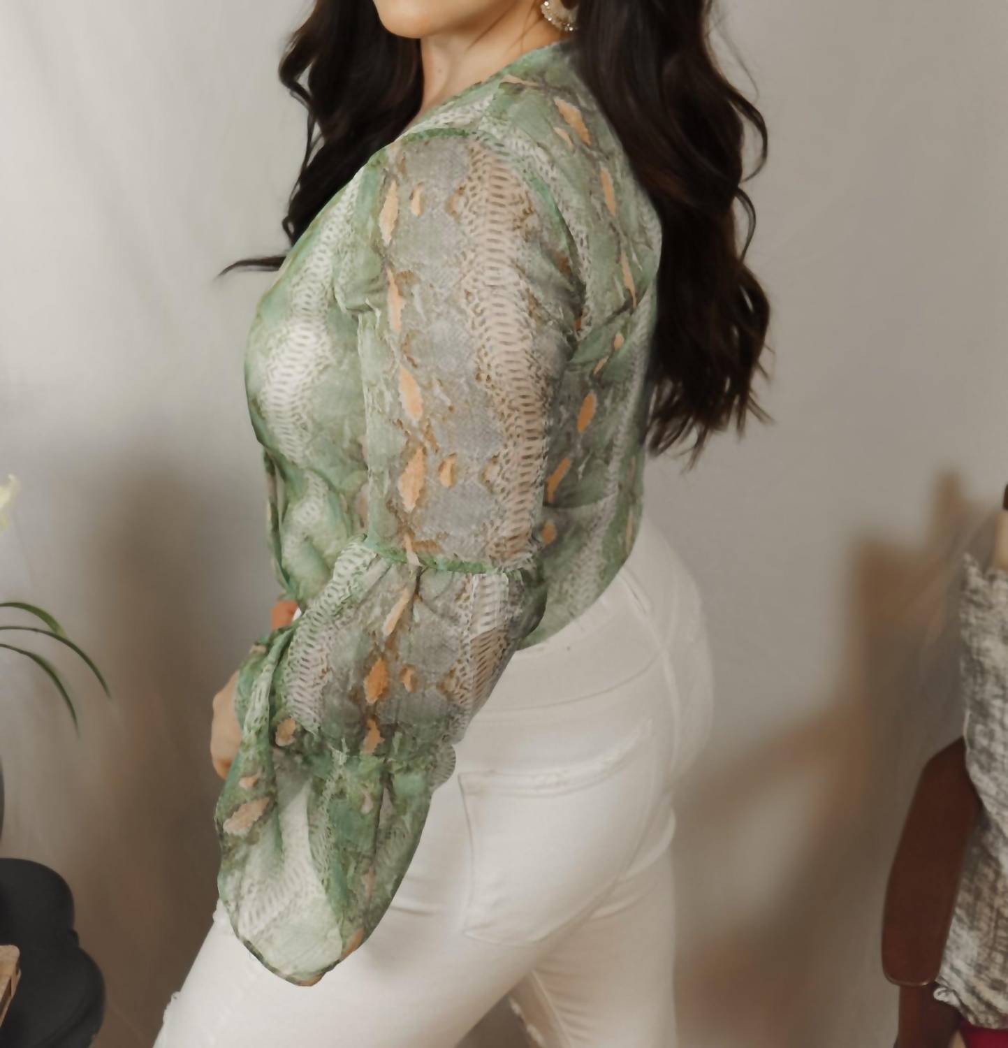 Style Rack Python Tiered Sleeve Top in teal - women's blouse - detail view