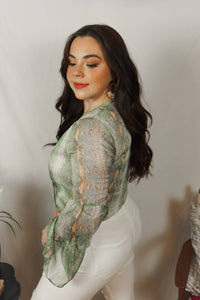 Style Rack Python Tiered Sleeve Top in teal - women's blouse - alternate view