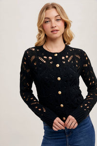 Bluivy - C02203-Crew Neck Button Down Pointelle Knit Cardigan