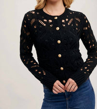 Bluivy - C02203-Crew Neck Button Down Pointelle Knit Cardigan