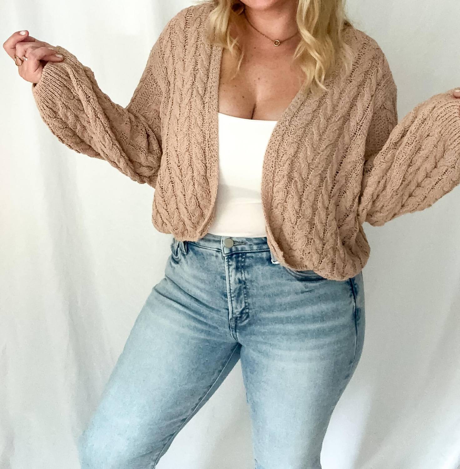 MIOU MUSE Seabreeze Light Weight Cable Knit Cardigan in tan - women's cardigan - alternate view