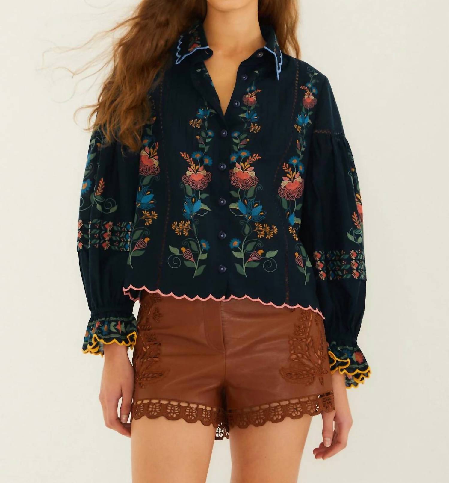 Farm Rio - Stitched Garden Wavy Hem Blouse
