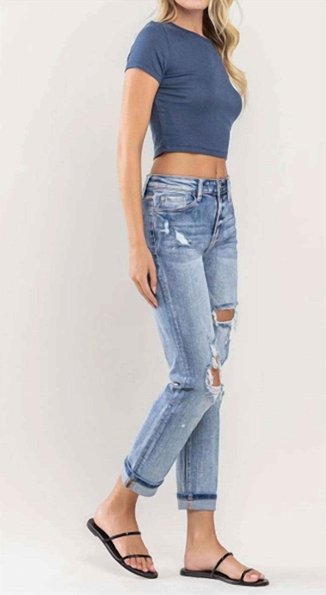 VERVET BY FLYING MONKEY High Rise Cuffed Distressed Paint Boyfriend Jeans in blue - women's jeans - detail view