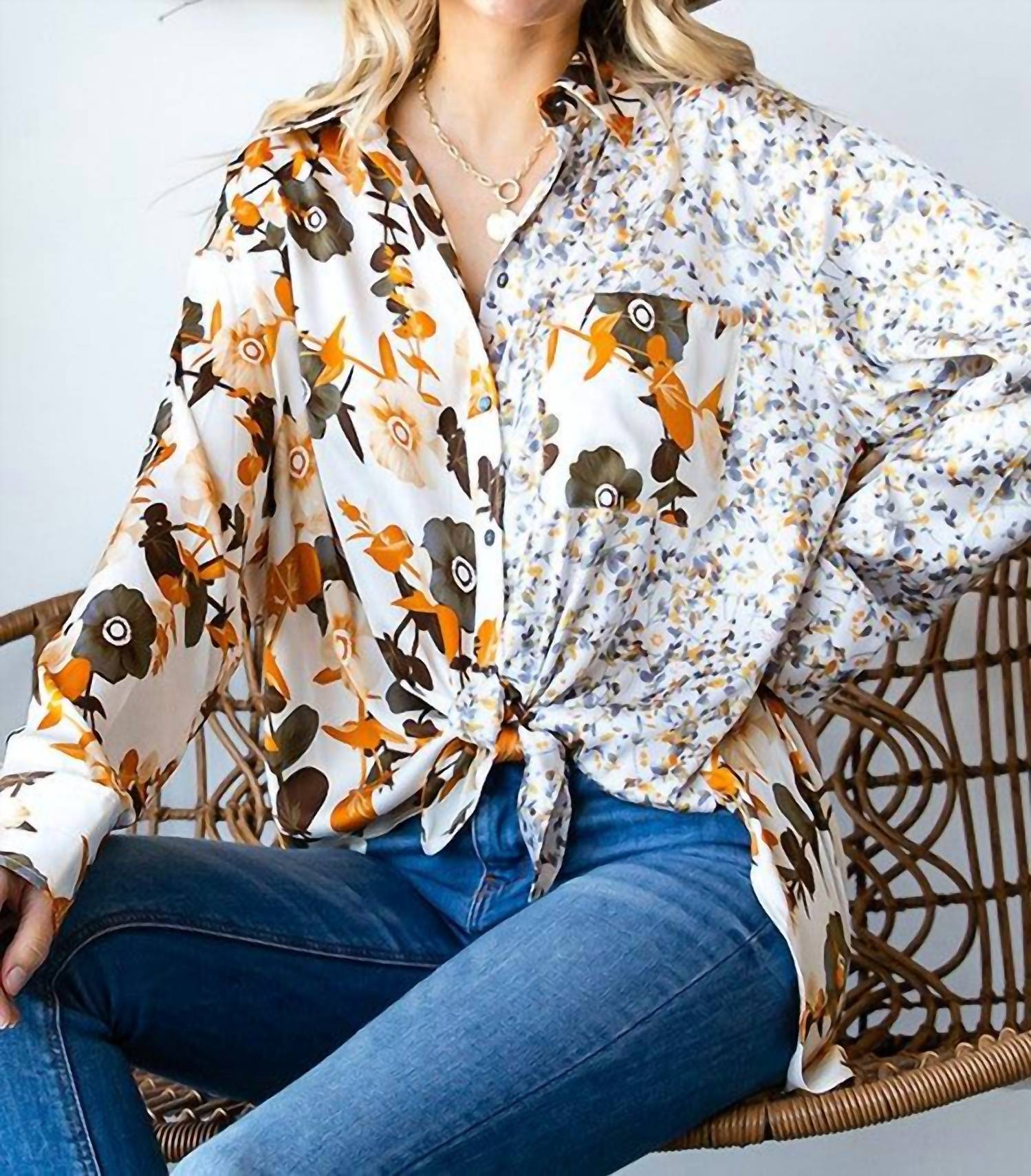 First Love - Floral Block Button Down Satin Shirt