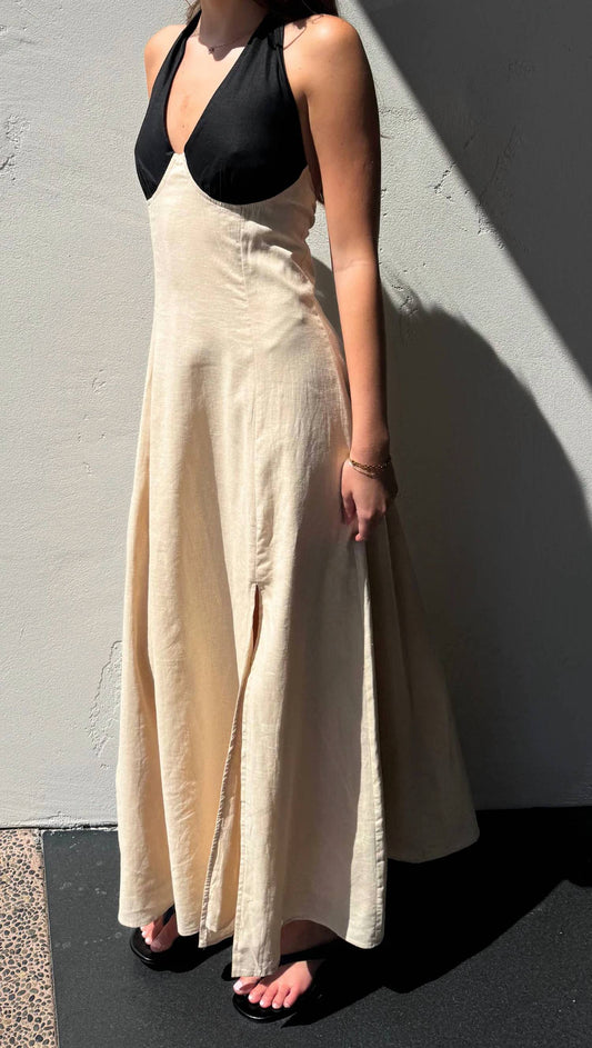 Beige Botany - Linen Color Block Halter Dress