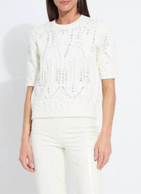 Lysse Hadley Cozy Short Sleeve Embellished Cable Sweater in snow white - women's sweater