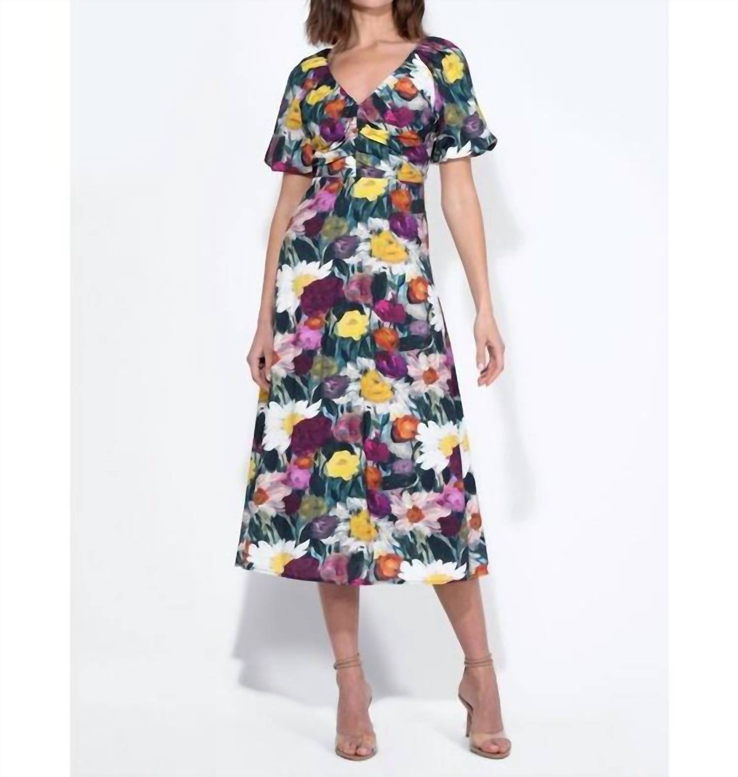 adelyn rae Elinda Ruched Front Midi Dress in multi - women's dress - detail view