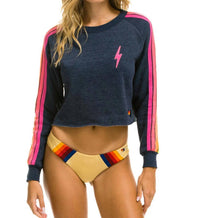 AVIATOR NATION Bolt Crop Crew Sweatshirt in navy neon stripe - women's top