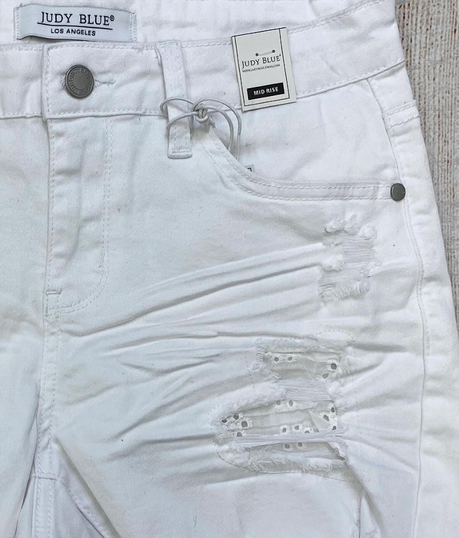 Judy Blue Women's Distressed With Lace Patch Shorts in white - women's shorts - detail view