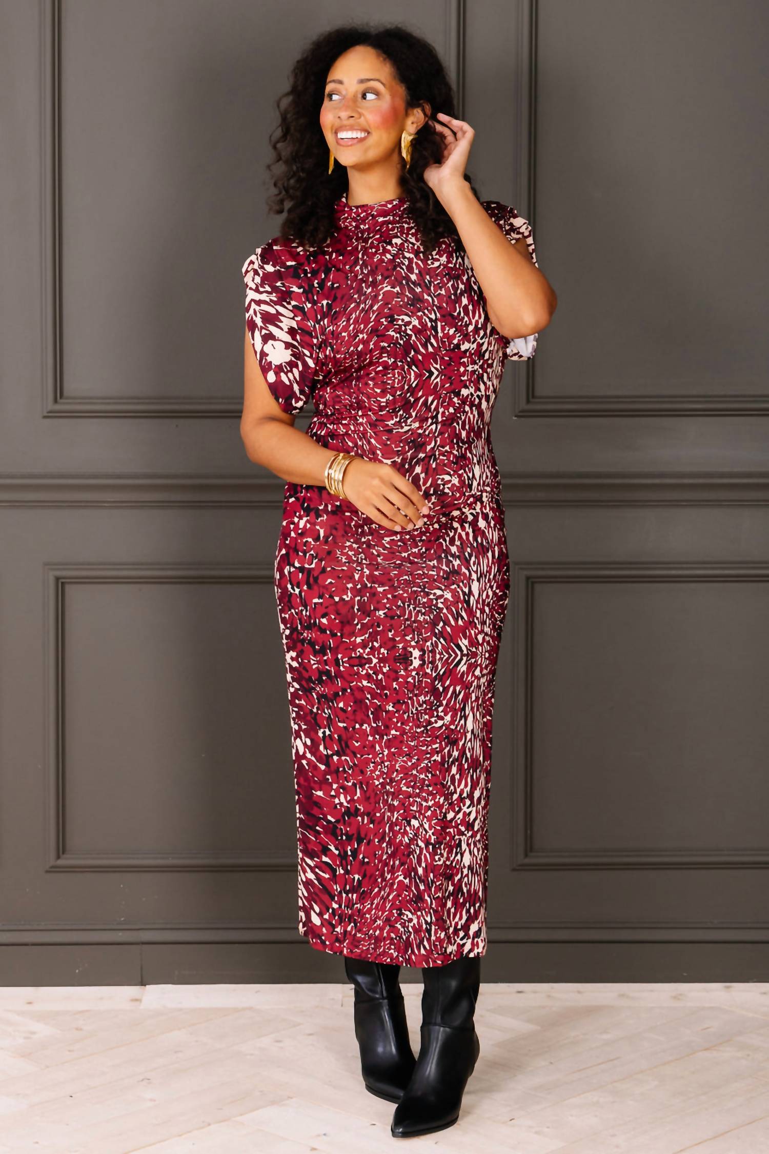 Astrid - Mock Neck Animal Print Midi Dress