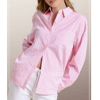 LA MIEL Preppy Coastal Striped Button-down Blouse in pink white striped - women's blouse - detail view