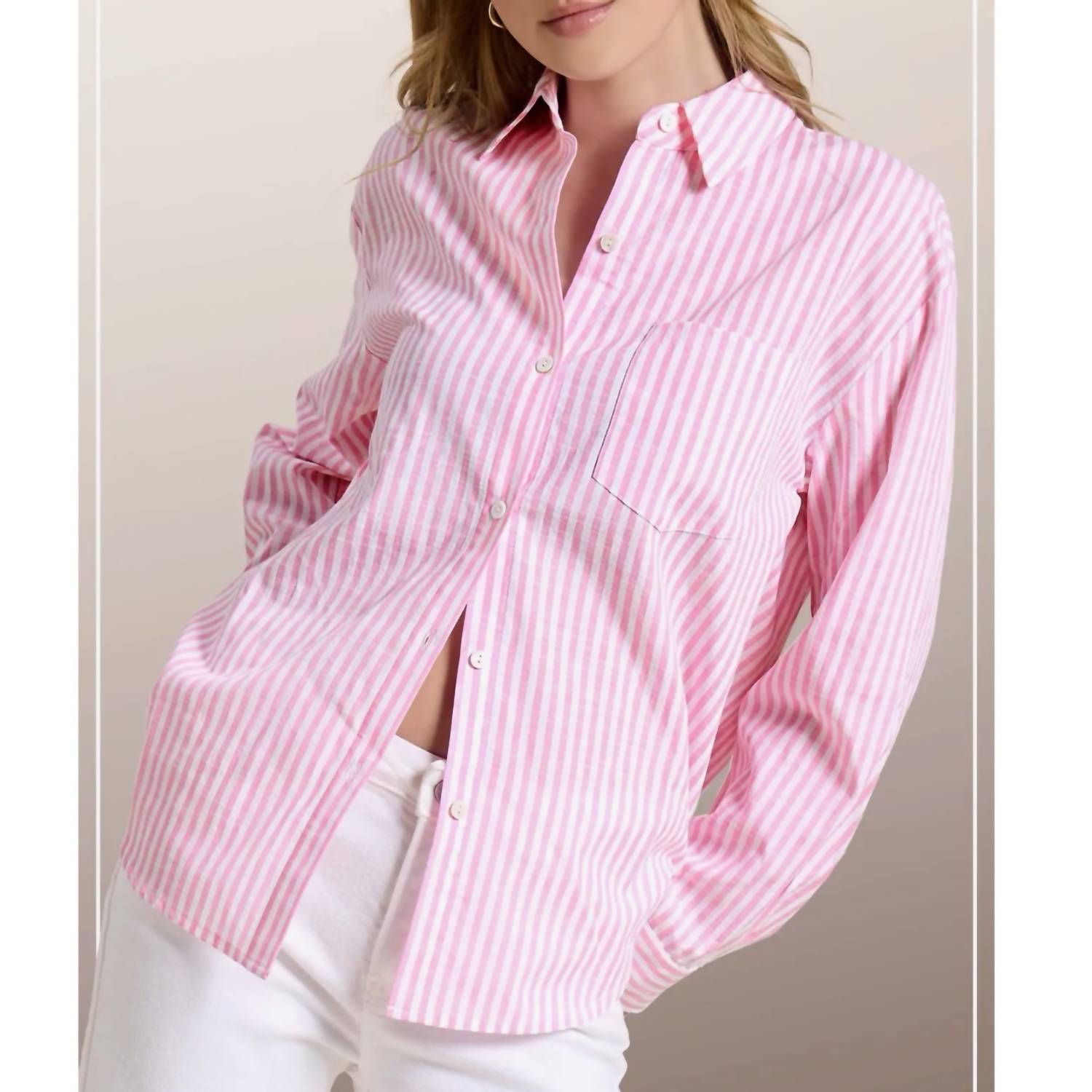 LA MIEL Preppy Coastal Striped Button-down Blouse in pink white striped - women's blouse - detail view