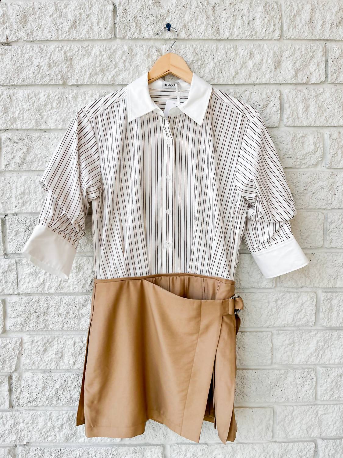 SIMKHAI Frankie Mini Combo Mini Shirt Dress in sand stripe multi - women's dress - detail view