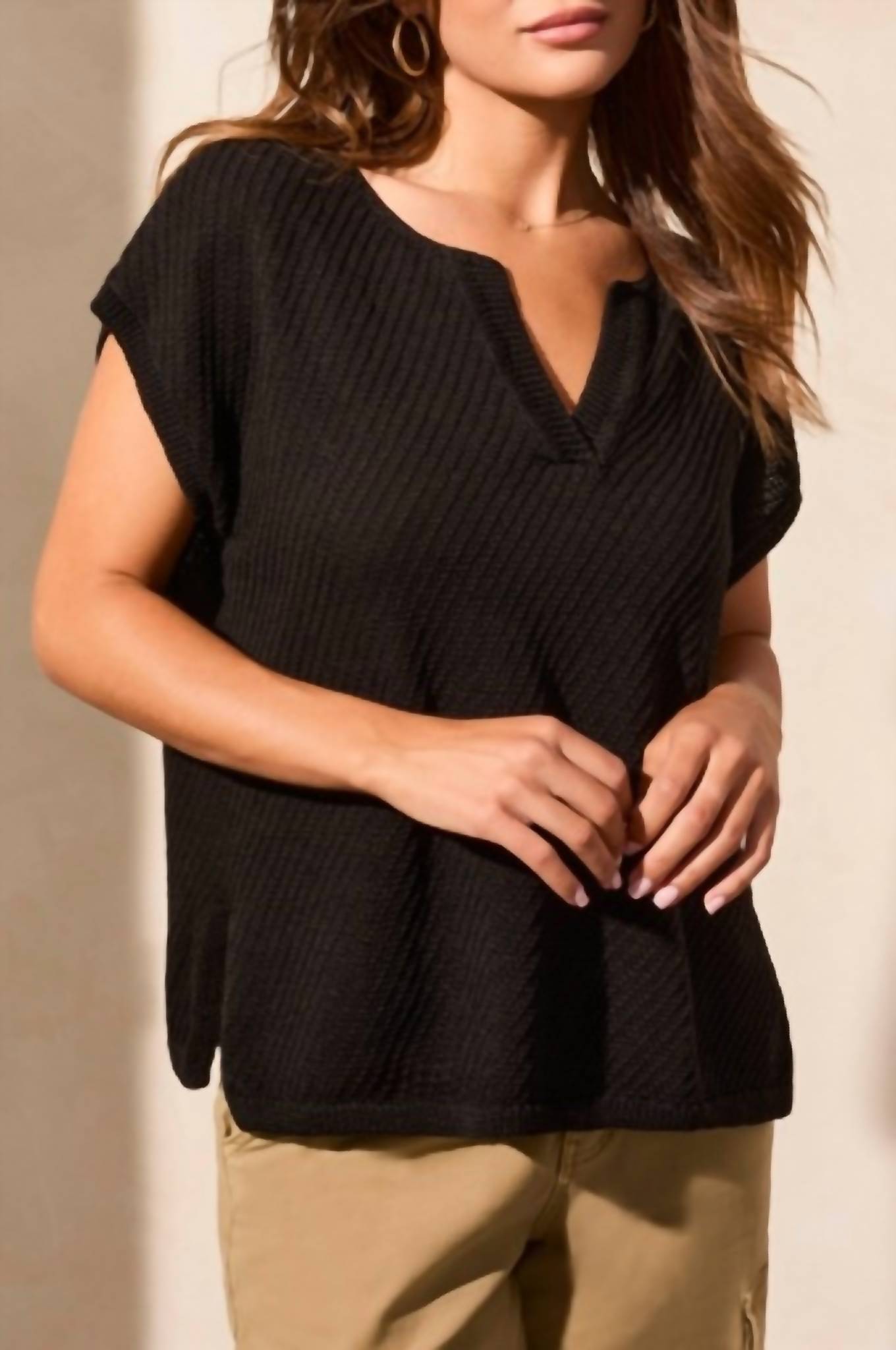 TRIBAL Slit V Neck Extended Shoulder Sweater Top in black - women's sweater