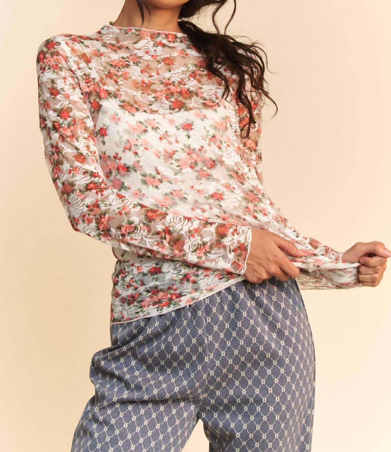 DAVI & DANI Mesh Long Sleeve Layering Top in pink pink floral - women's long sleeve top