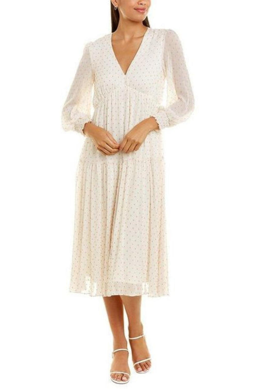 Maison Tara - Dot Texture Print Smocking Long Sleeve Tiered Maxi Dress