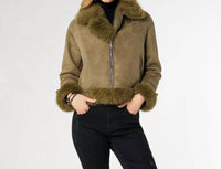 COCO + CARMEN Dion Faux Fur Moto Jacket in olive - women's jacket