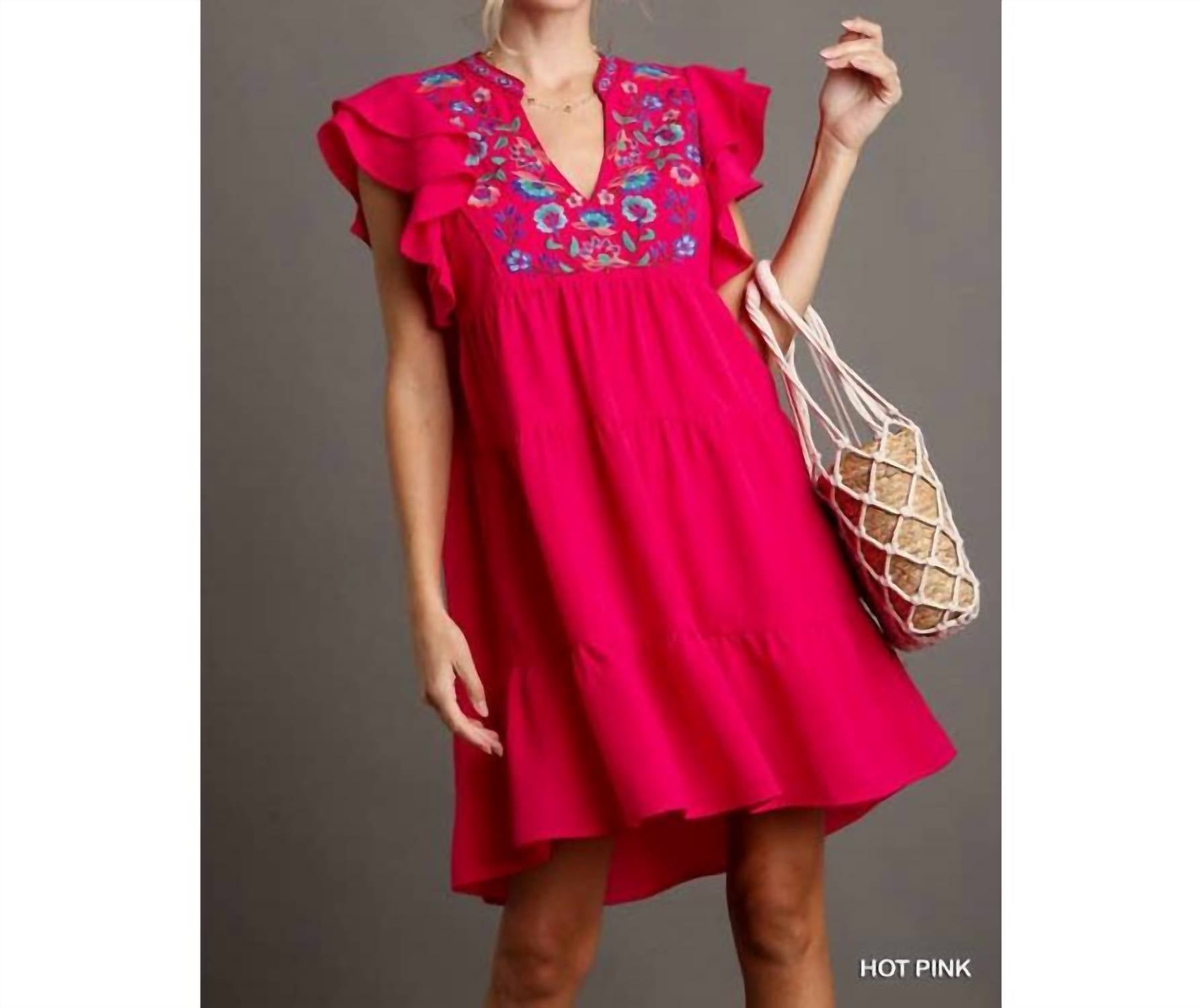 Umgee - Women's Embroidery Split Neck A Line Dress