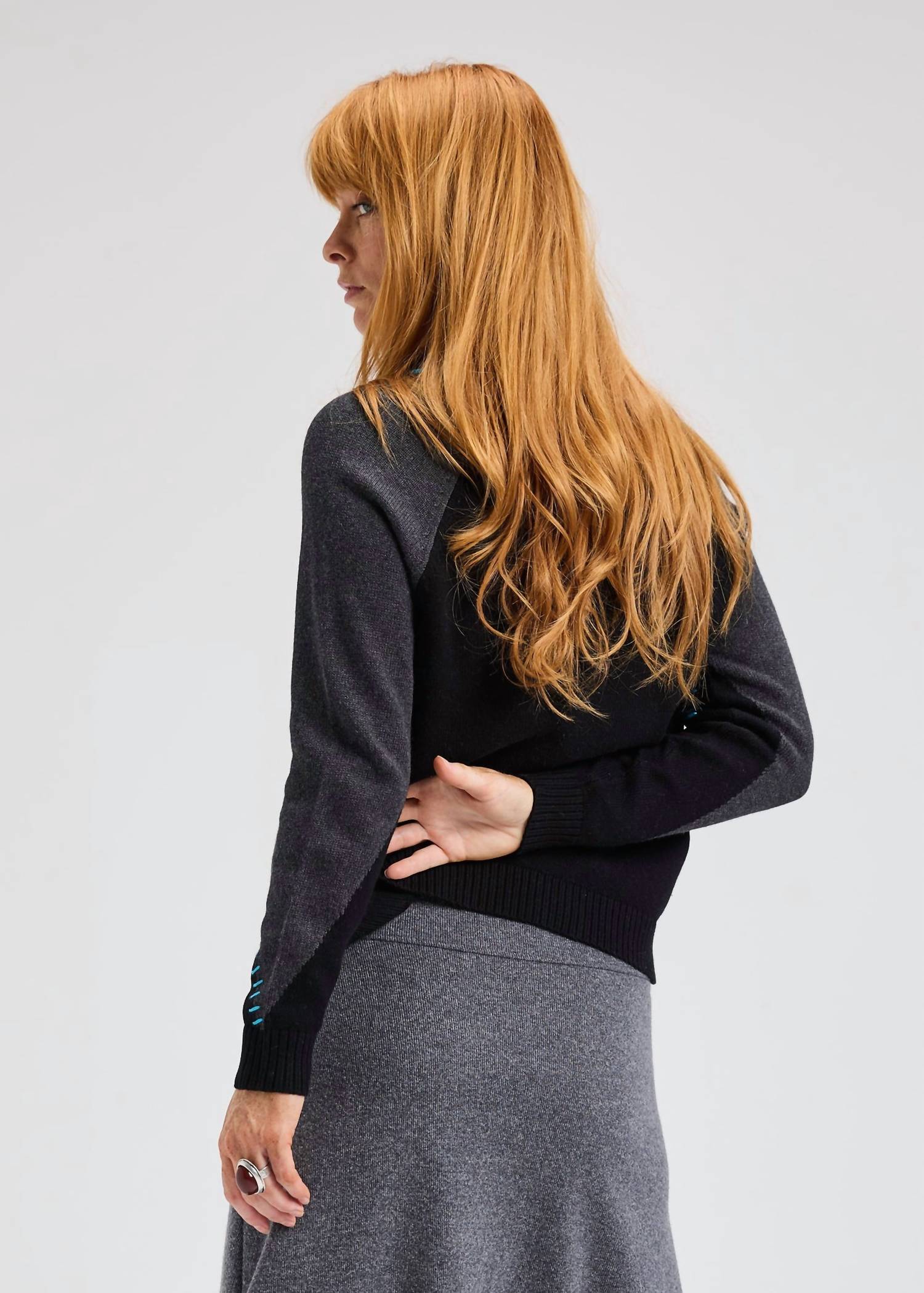 ZAKET & PLOVER Panelled Button Stitch Cardigan in chambray - women's cardigan - alternate view