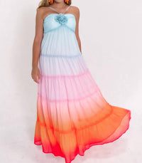 Main Strip 3d Flower Ruffle Trim Ombre Print Maxi Dress in multi ombre - women's dress - detail view