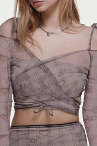 CUPID HEART-PRINT SHEER MESH CROPPED WRAP TOP