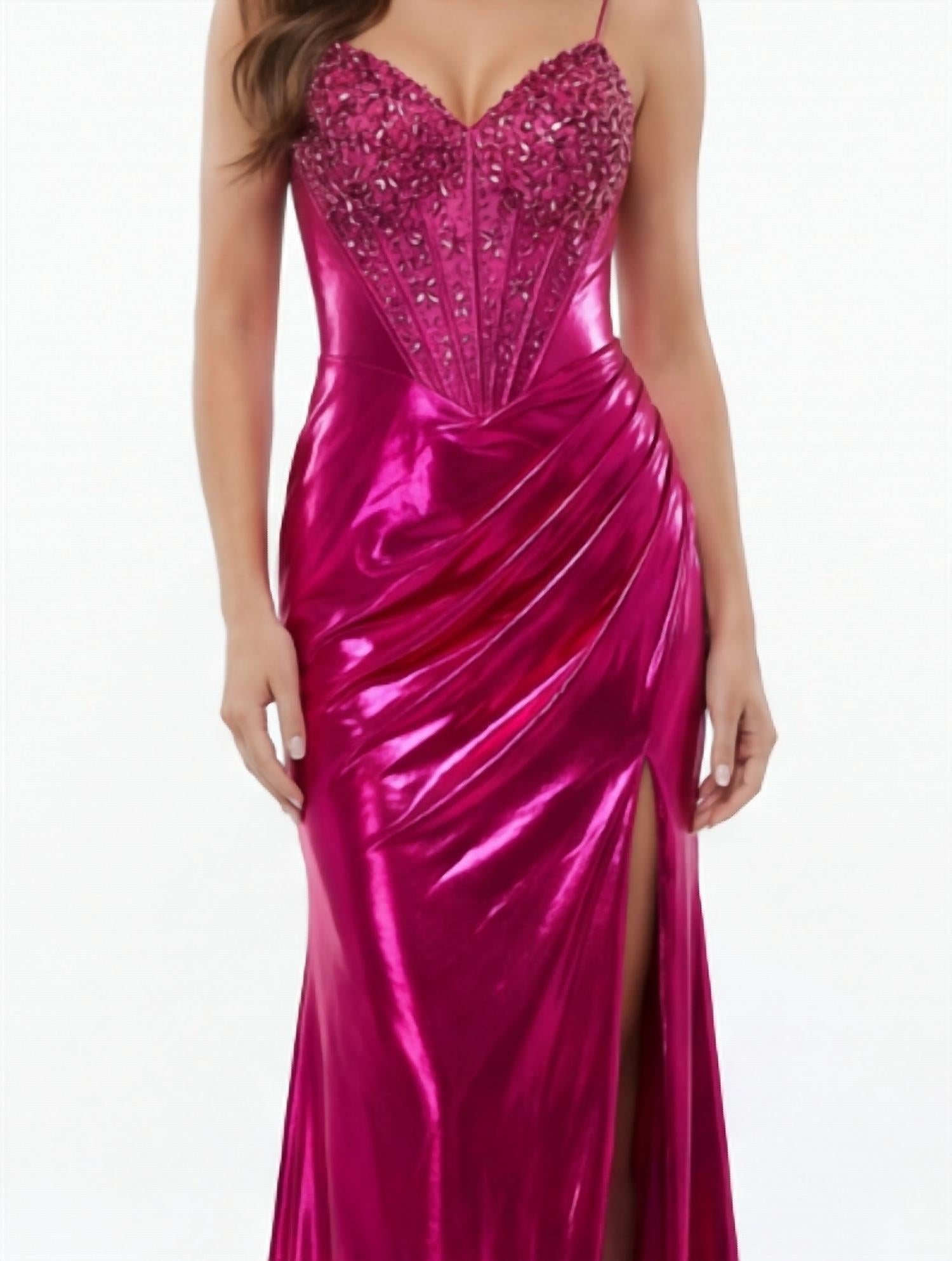 Jovani - Elegant Gown With Beaded Bustier And Thigh-high Slit