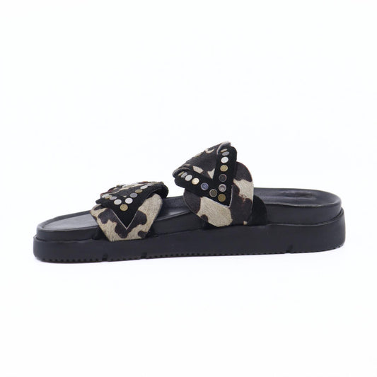 Free People - Women's Leo Studded Leather Cow Print Banded Flat Slide Sandals