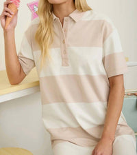 J.O.A. Wide Striped Collared Midi Dress in oatmeal - women's dress - view 4
