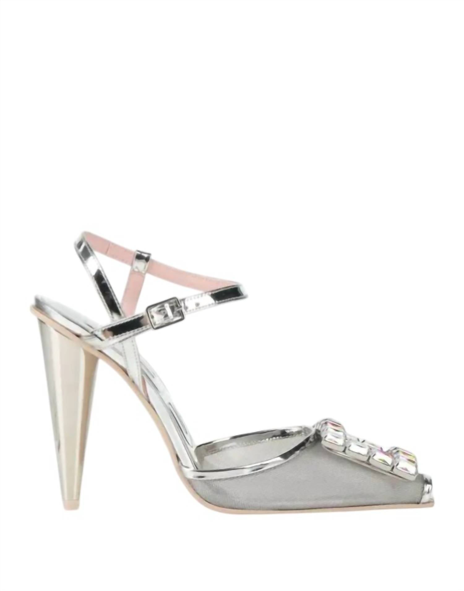 Ras Women's Mesh Jewel Ankle Strap High Cone Heel Pumps in silver - women's heels - detail view