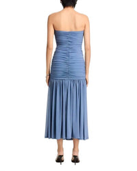 BARDOT Solana Gathered Mesh Strapless Maxi Dress in dusty blue - women's dress - detail view