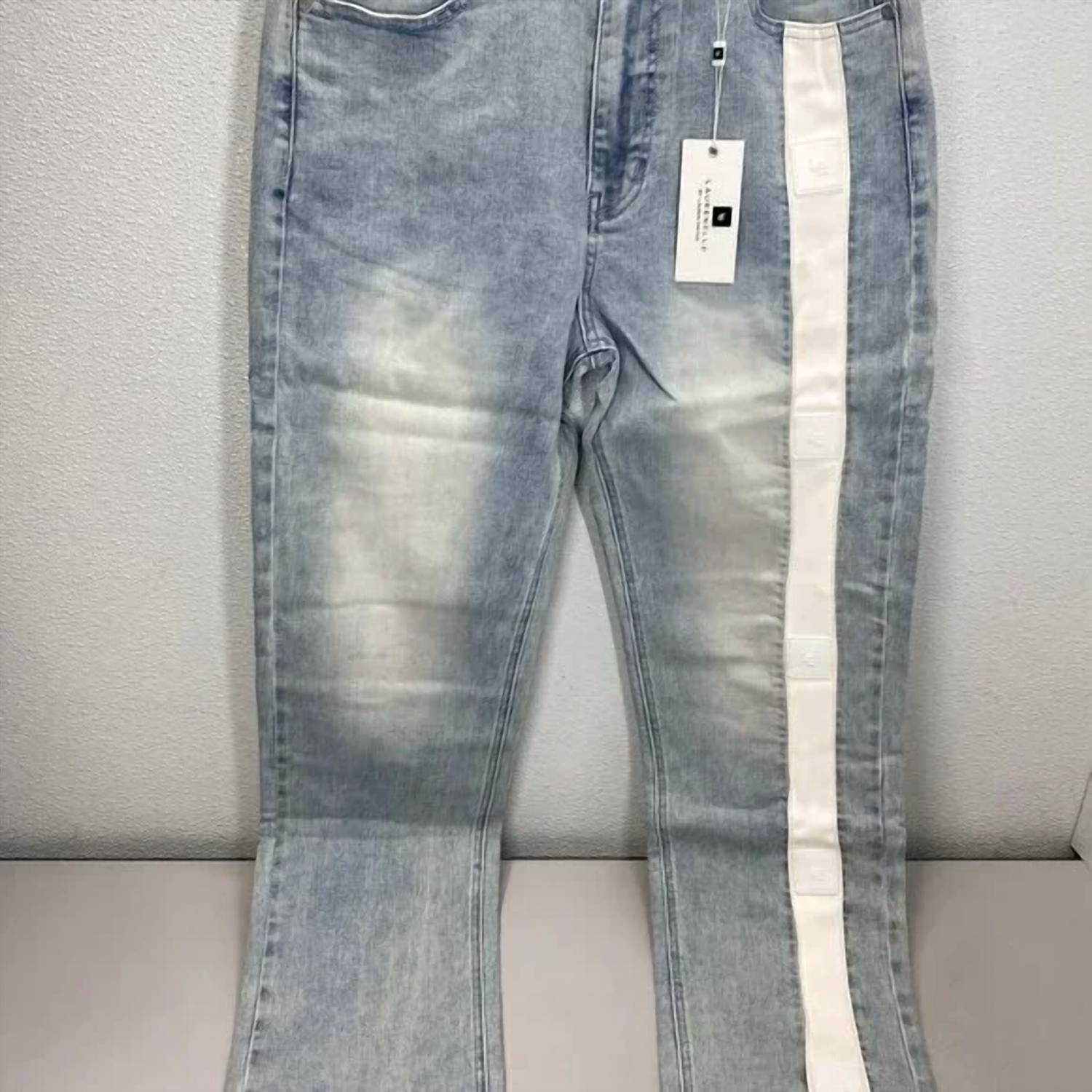 Laurenelle Men's Logo Stripe Tapered Jeans in blue - men's jeans