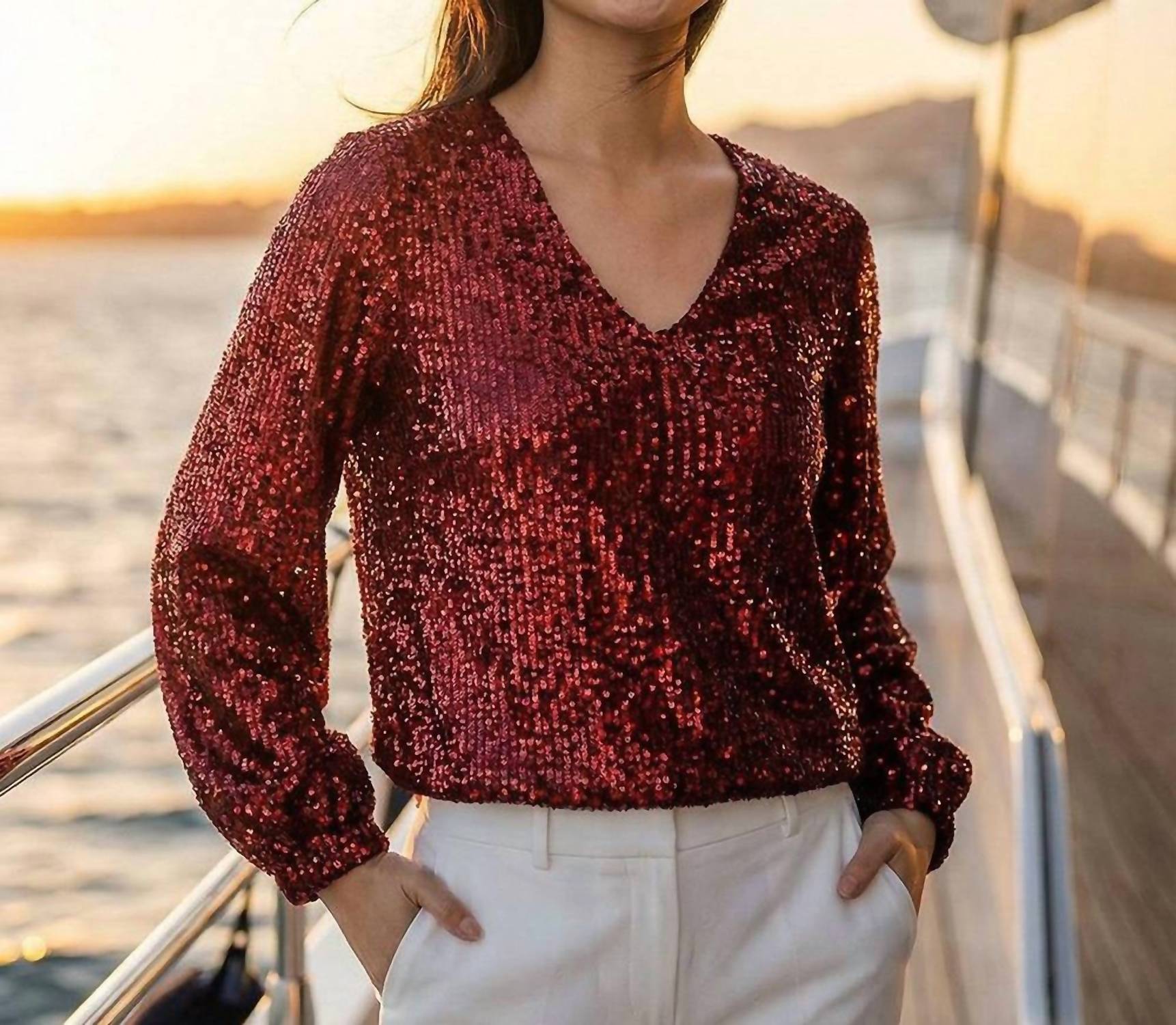Karen Kane Blouson Sleeve Sequin V-Neck Top in ruby - women's blouse - detail view