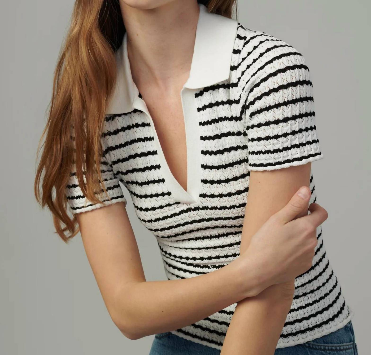 Joe's Jeans Jess Pointelle Polo Shirt in milk black stripe - women's t-shirt - view 5
