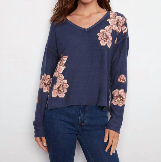 Charlie B - Reverse Print Floral V-neck Sweater