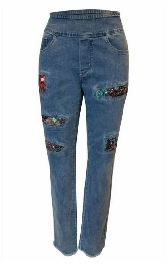 Ethyl - Women's Sequin Patch Pull On Ankle Jeans