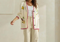 ABLE Embroidered V-neck Cardigan in cream red - women's cardigan - alternate view