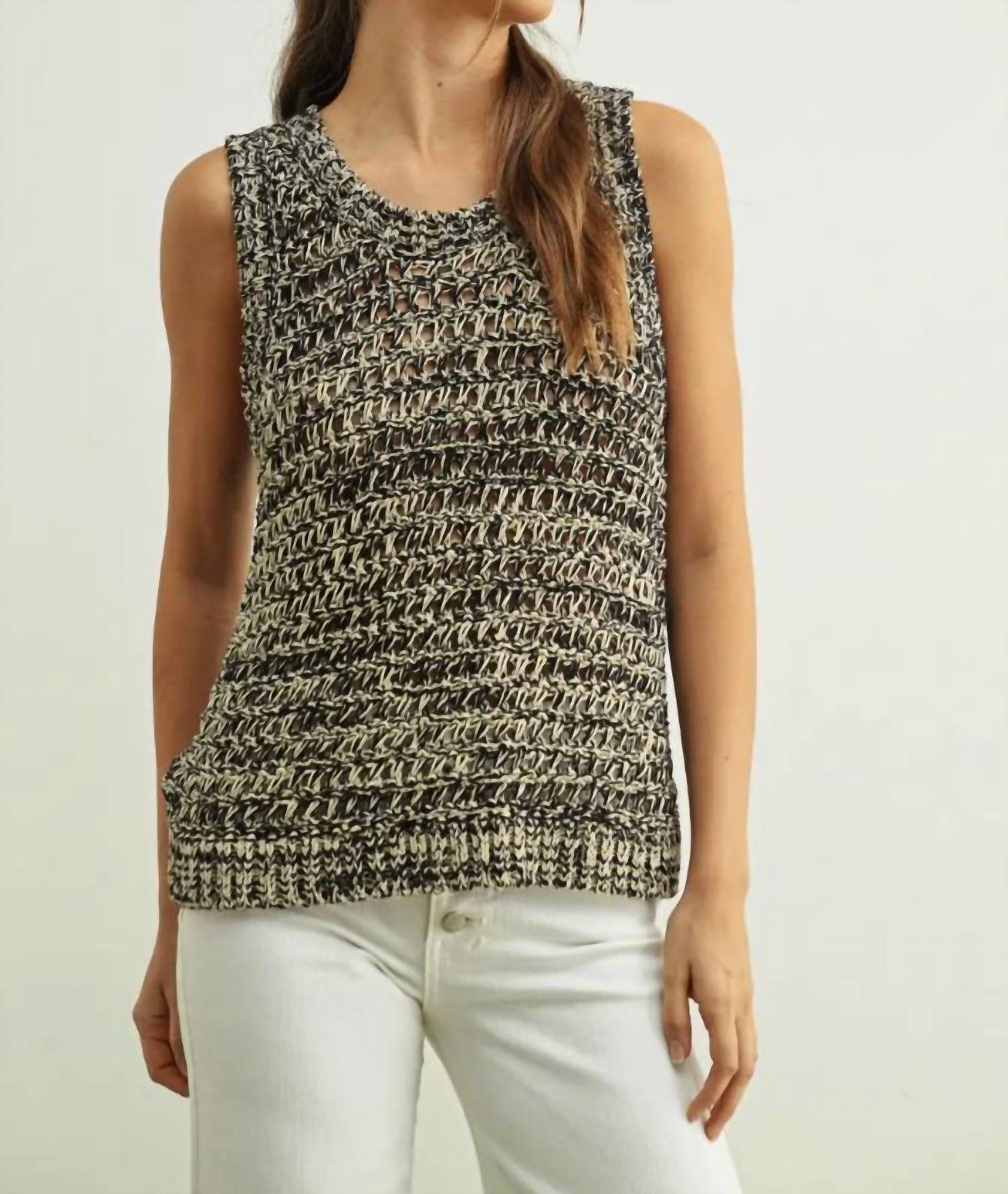 MIOU MUSE Sleeveless Two Tone Knit Top in black - women's blouse