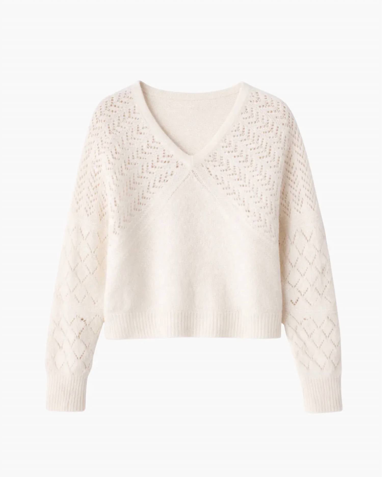 Autumn Cashmere - Fancy Pointelle Stitchery Dolman V Neck Sweater