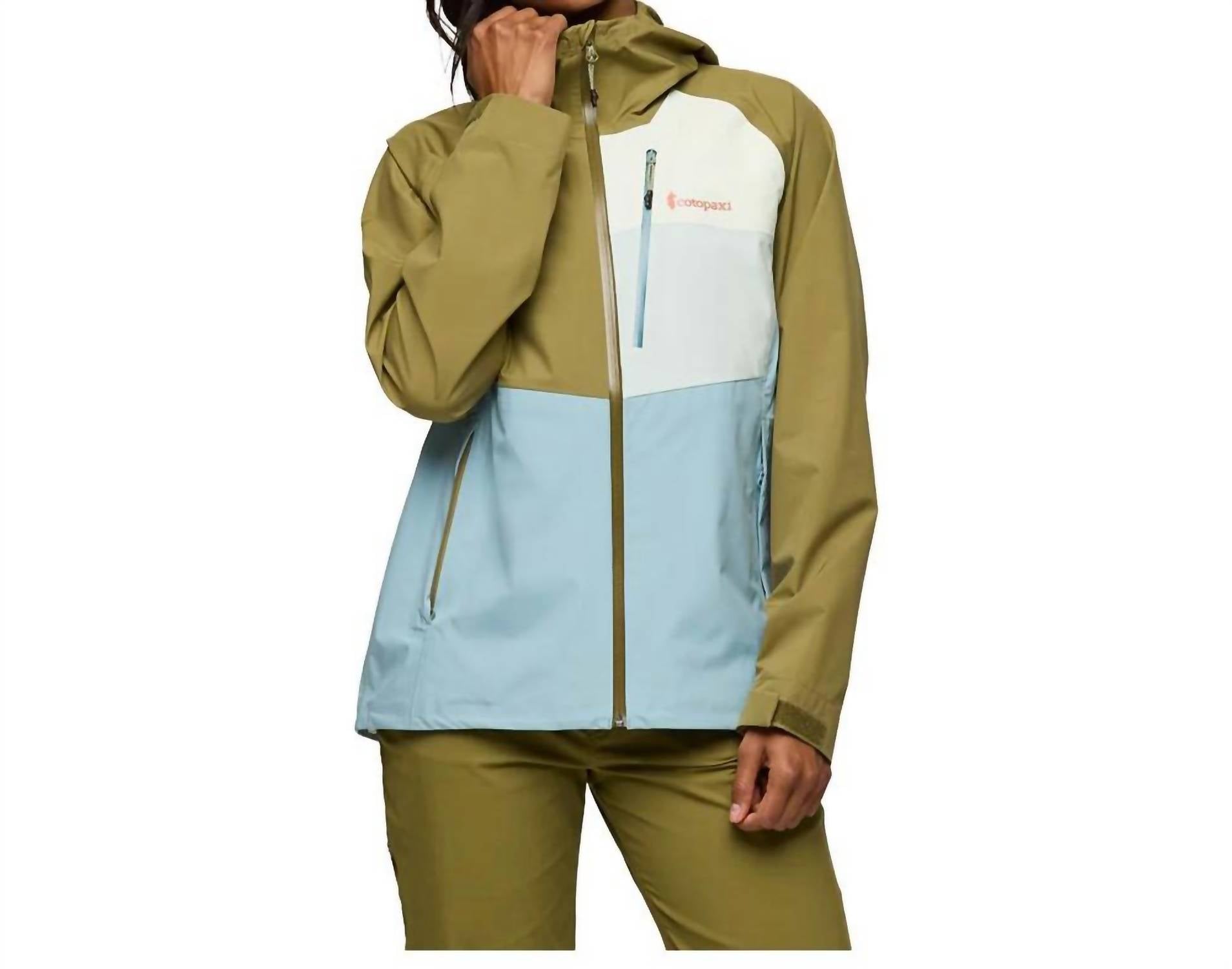 cotopaxi Impermeo 3l Waterproof Hooded Shell Jacket in moss sea spray - women's jacket