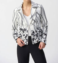 Joseph Ribkoff Faux Suede Floral Print Jacket in black white - women's jacket