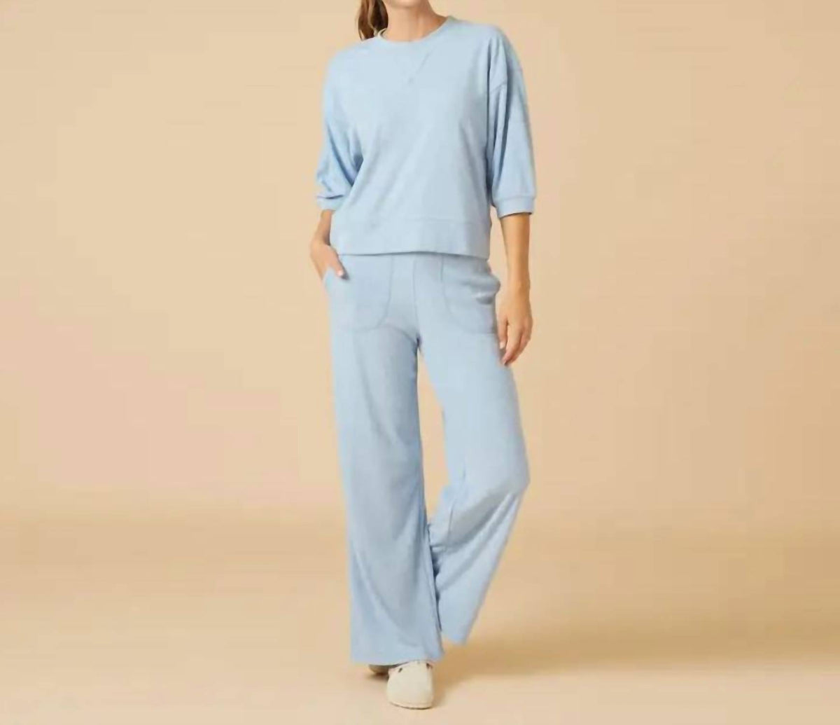 Softies - Terry Cropped Sleeve Crew Neck With Wide Leg Pant Set