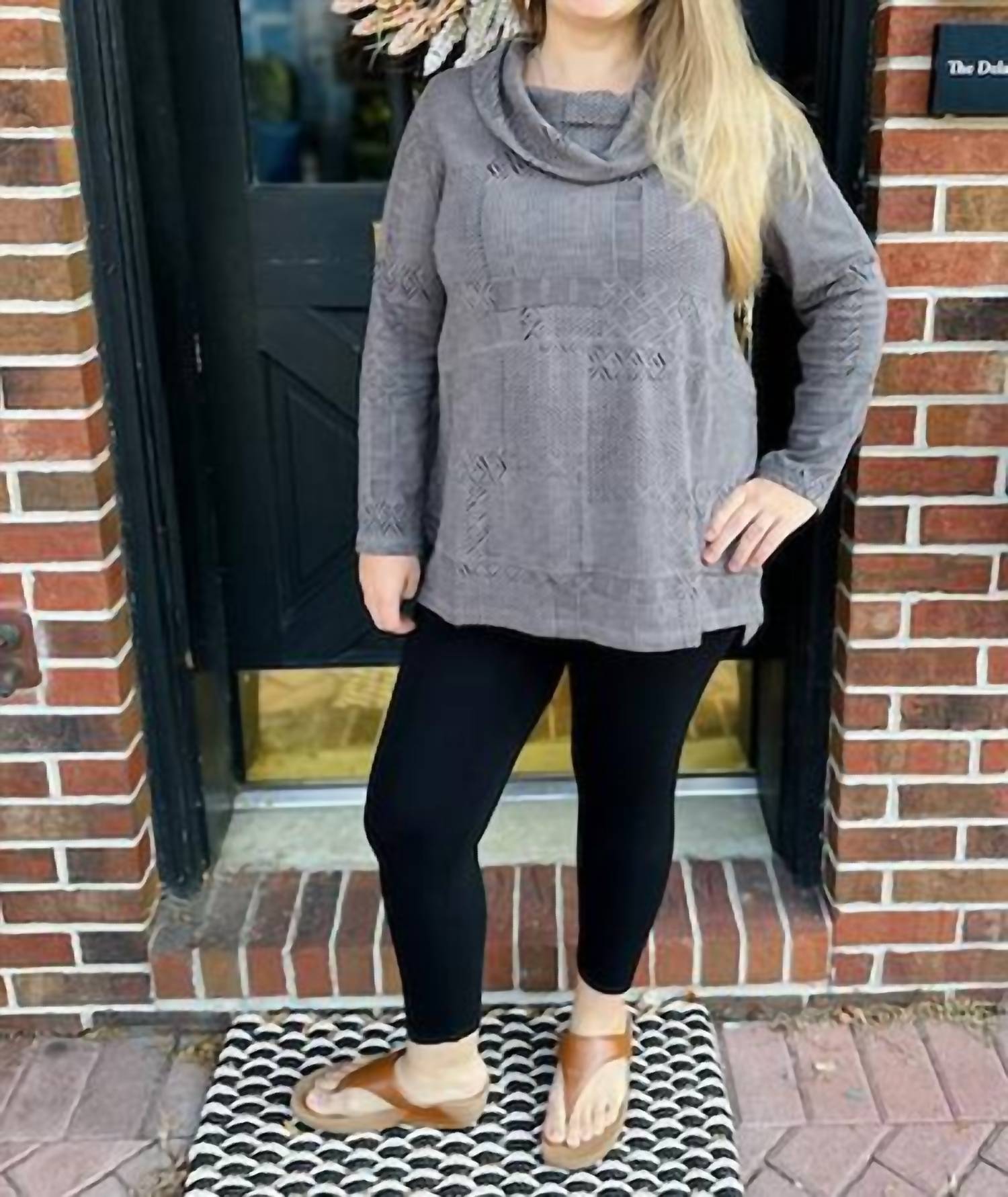 ESCAPE BY HABITAT Printed Cowl Neck Top in grey - women's long sleeve top - detail view