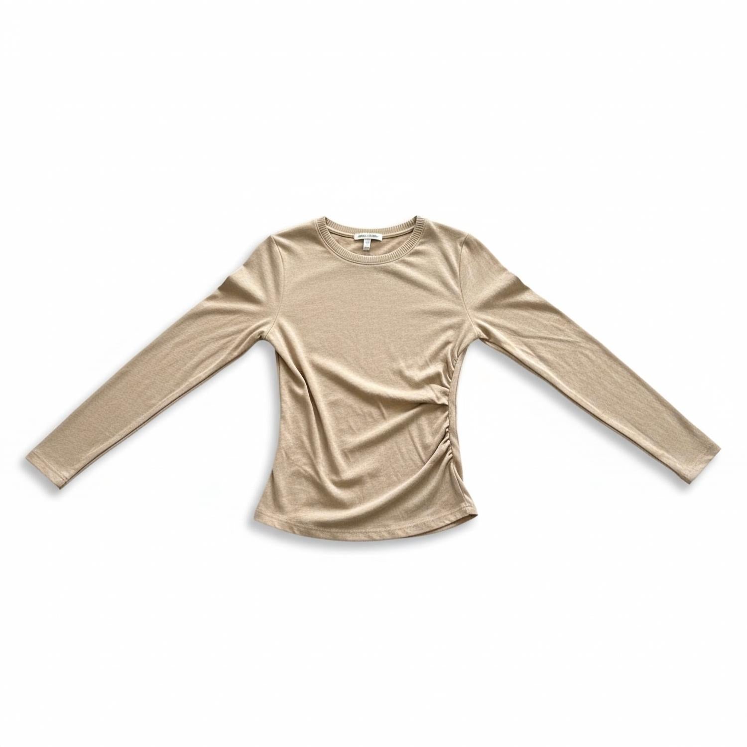 Enza Costa Cashmere Jersey Draped Long Sleeve Crew Top in khaki - women's long sleeve top - view 4