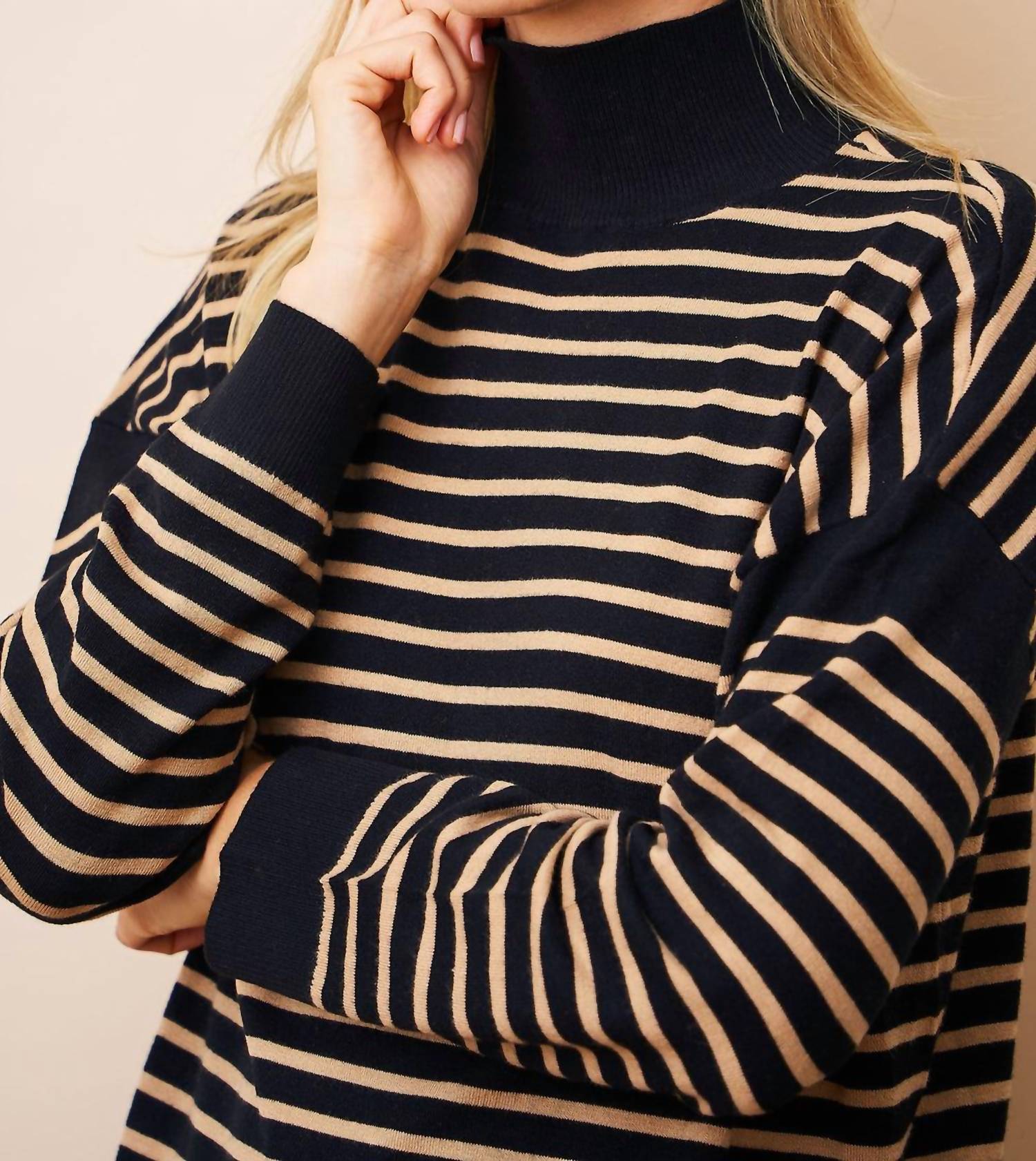 Majestic Filatures - Organic Cotton Knit Stretch Striped Mock Neck Top