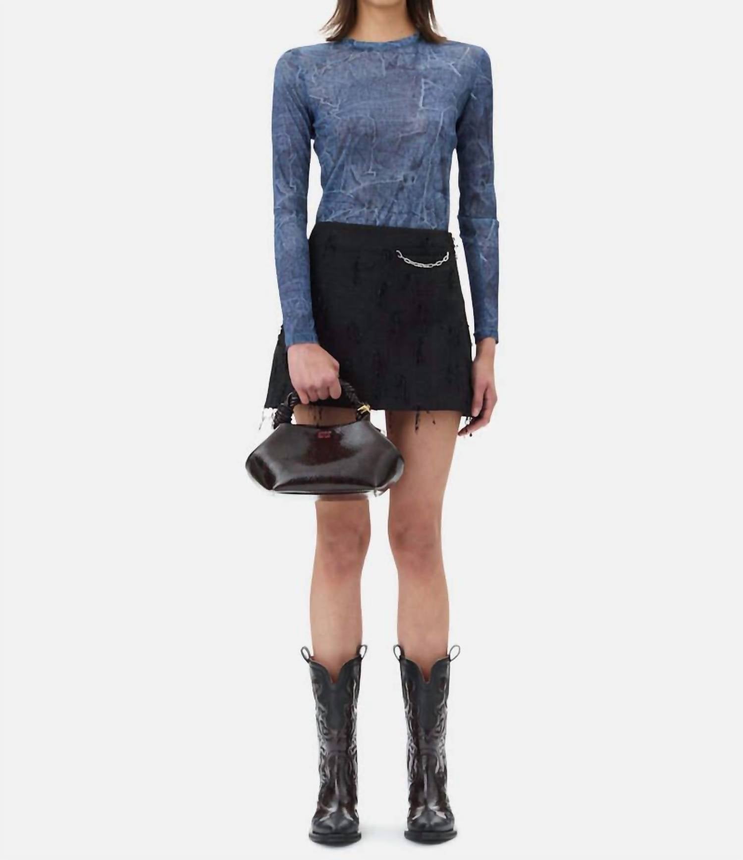 Ganni - Marl Mesh Long Sleeve Crew Neck Blouse