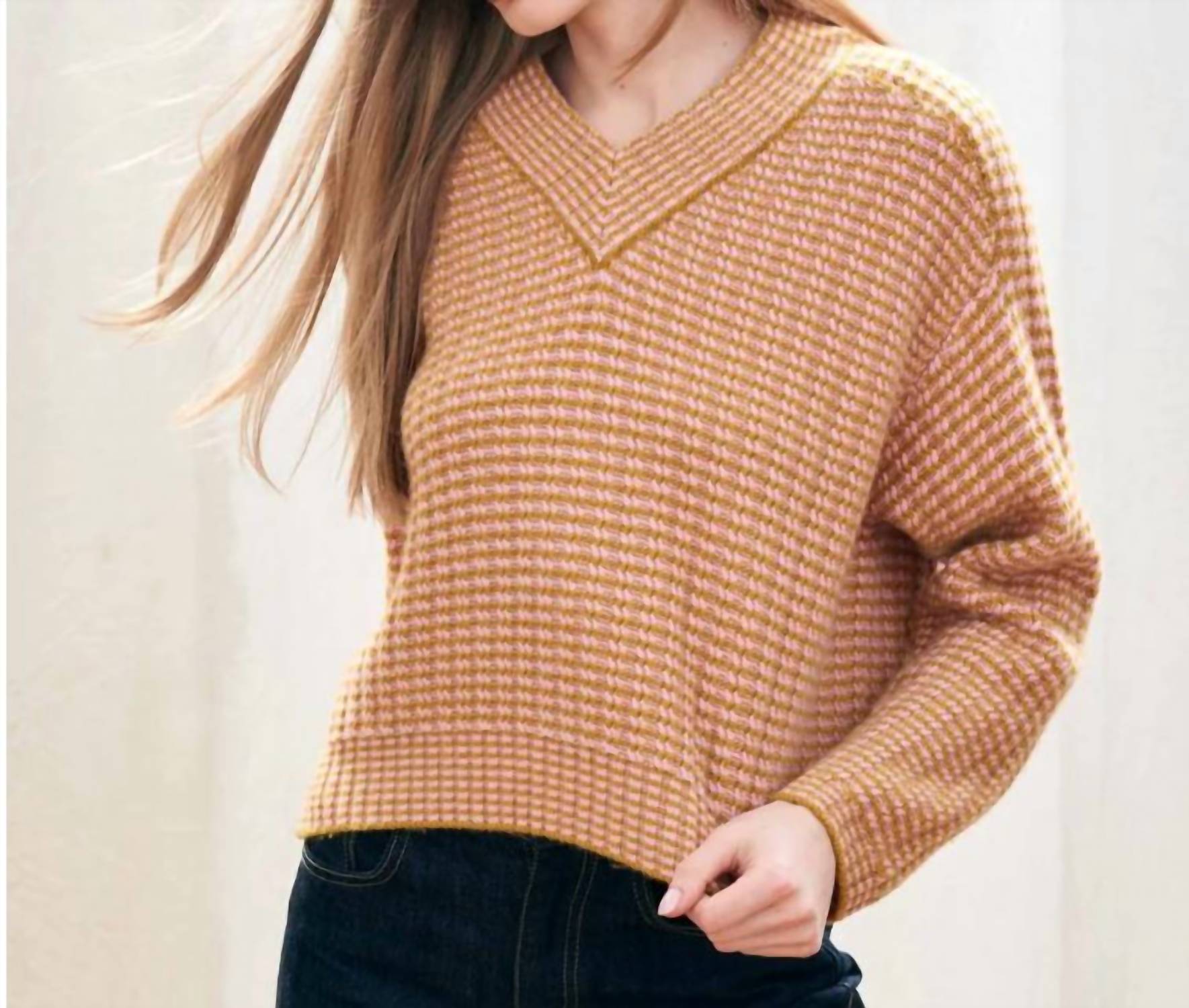 Jumper1234 Cropped Rick Rack High Vee Sweater in amber rose - women's sweater